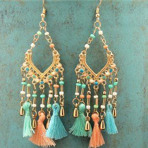 Goldtone & Blue Tassel Chandelier Drop Earrings